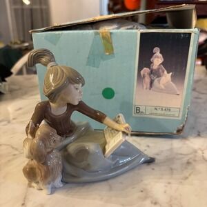 Lladro Porcelain Figurine Girl Reading With Dog 5475 Signed Original Box Vintage